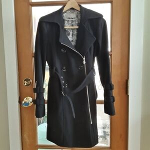 Guess Brand Black Wool Blend Belted Coat